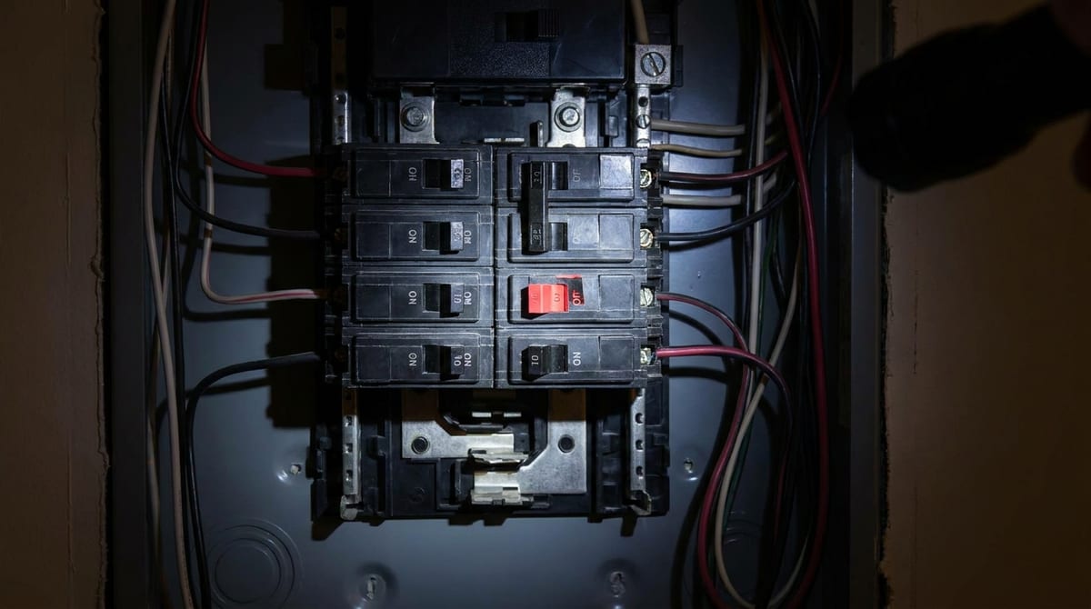 Close-up de um disjuntor desarmado em um quadro elétrico