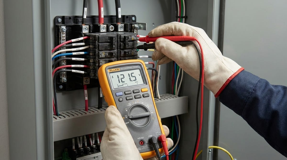 Técnico testando disjuntor com multímetro em quadro elétrico comercial