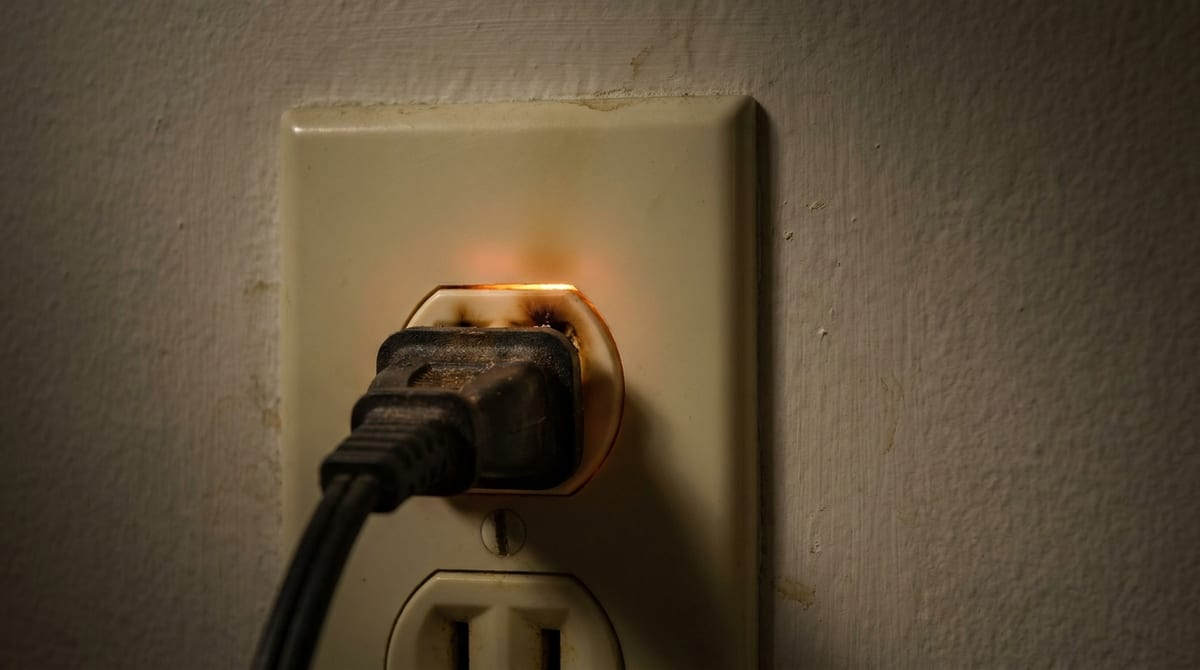 Tomada elétrica aquecendo com plugue parcialmente inserido