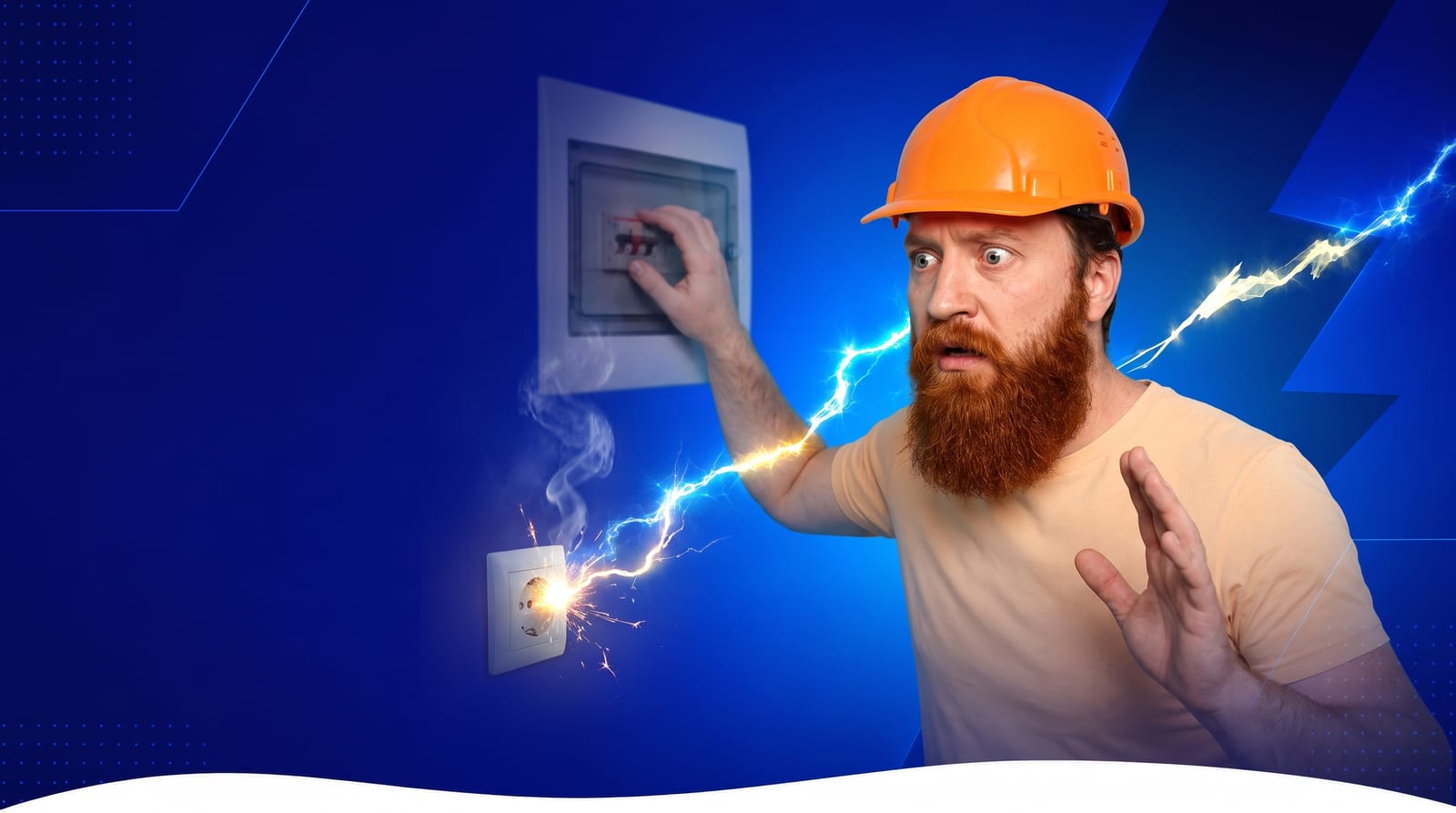 Eletricista com capacete de segurança laranja em alerta perto de uma tomada com faísca