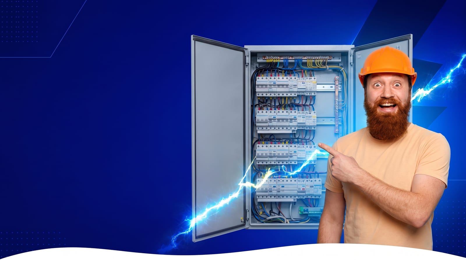 Eletricista com capacete de segurança laranja ao lado de um quadro elétrico aberto