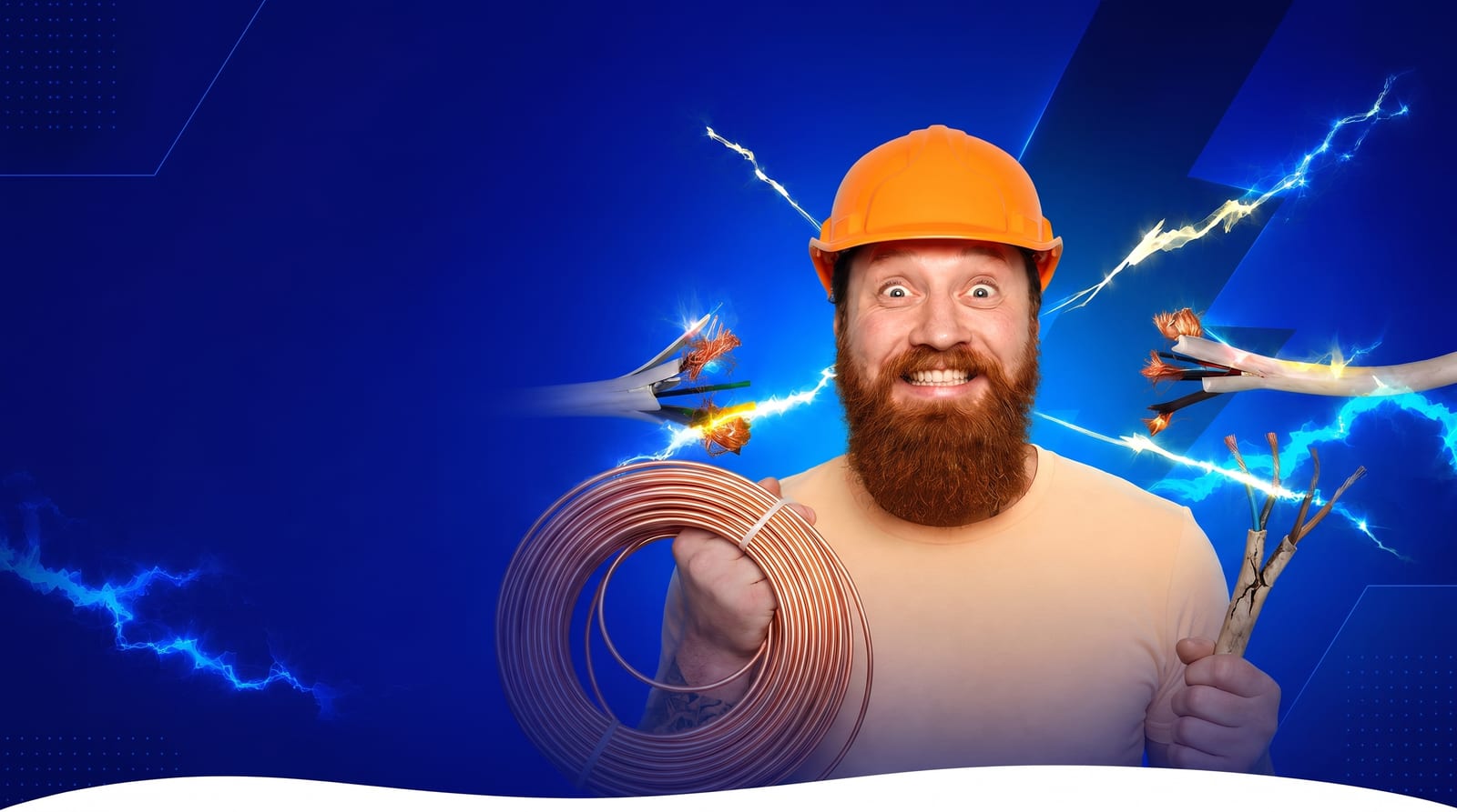 Eletricista com capacete de segurança laranja comparando fiação nova e fiação antiga danificada